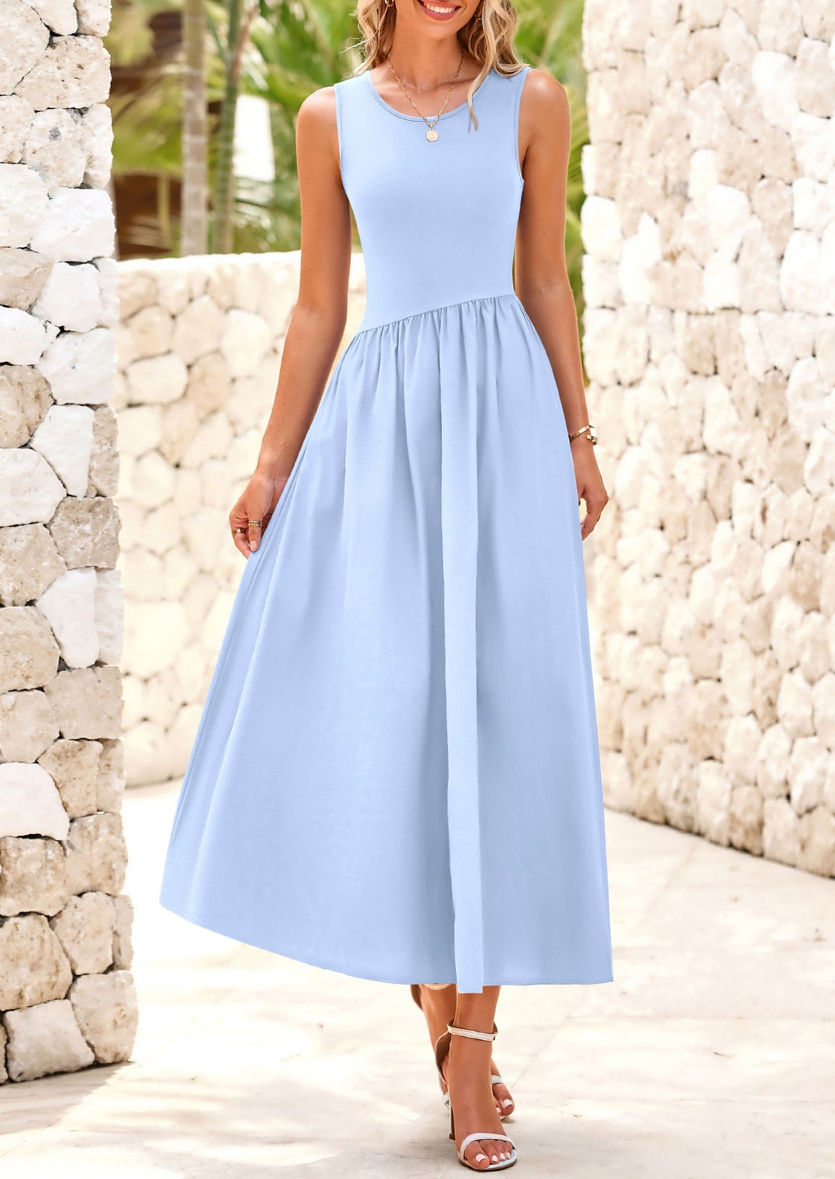 Casual Sleeveless Striped Ribbed Knit Long Dresses Beach Vacation Sundress