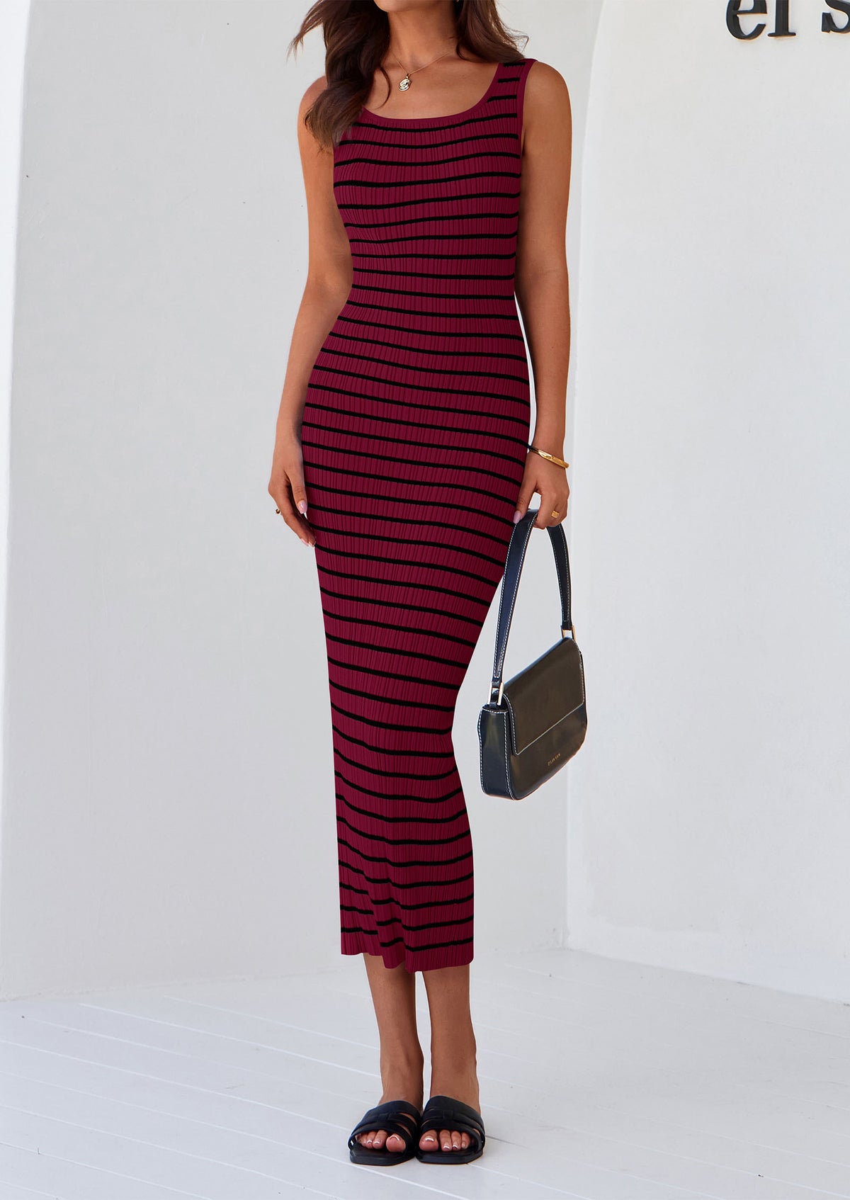 Casual Sleeveless Striped Ribbed Knit Beach Vacation Sundress Tank Midi Dress