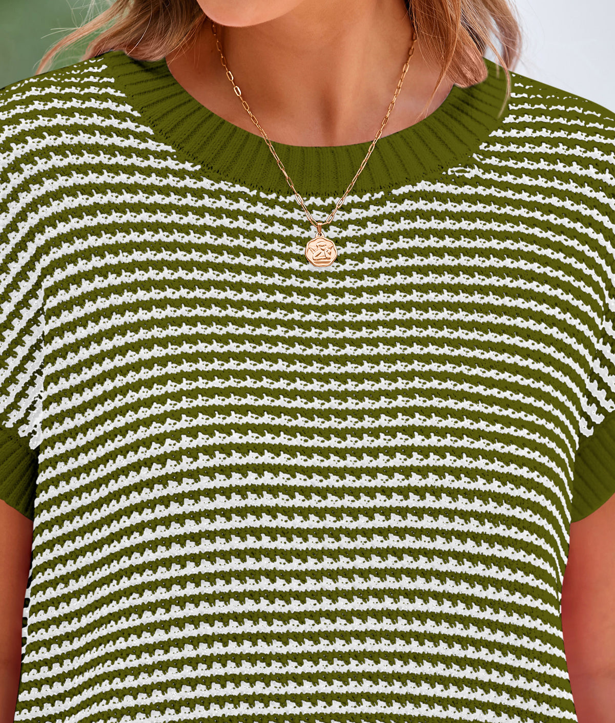 Short Sleeve Round Neck Striped Pullover Cap Sleeve Knit T-shirt