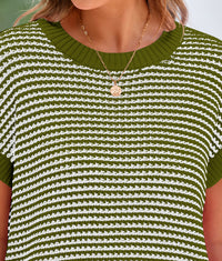 Short Sleeve Round Neck Striped Pullover Cap Sleeve Knit T-shirt