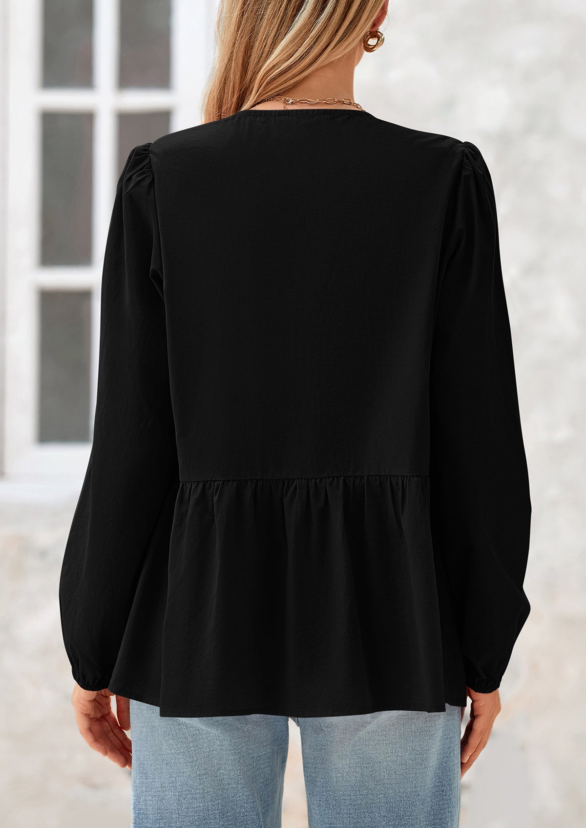 Babydoll Peplum Puff Long Sleeve Bow Tie Front Y2K Blouses