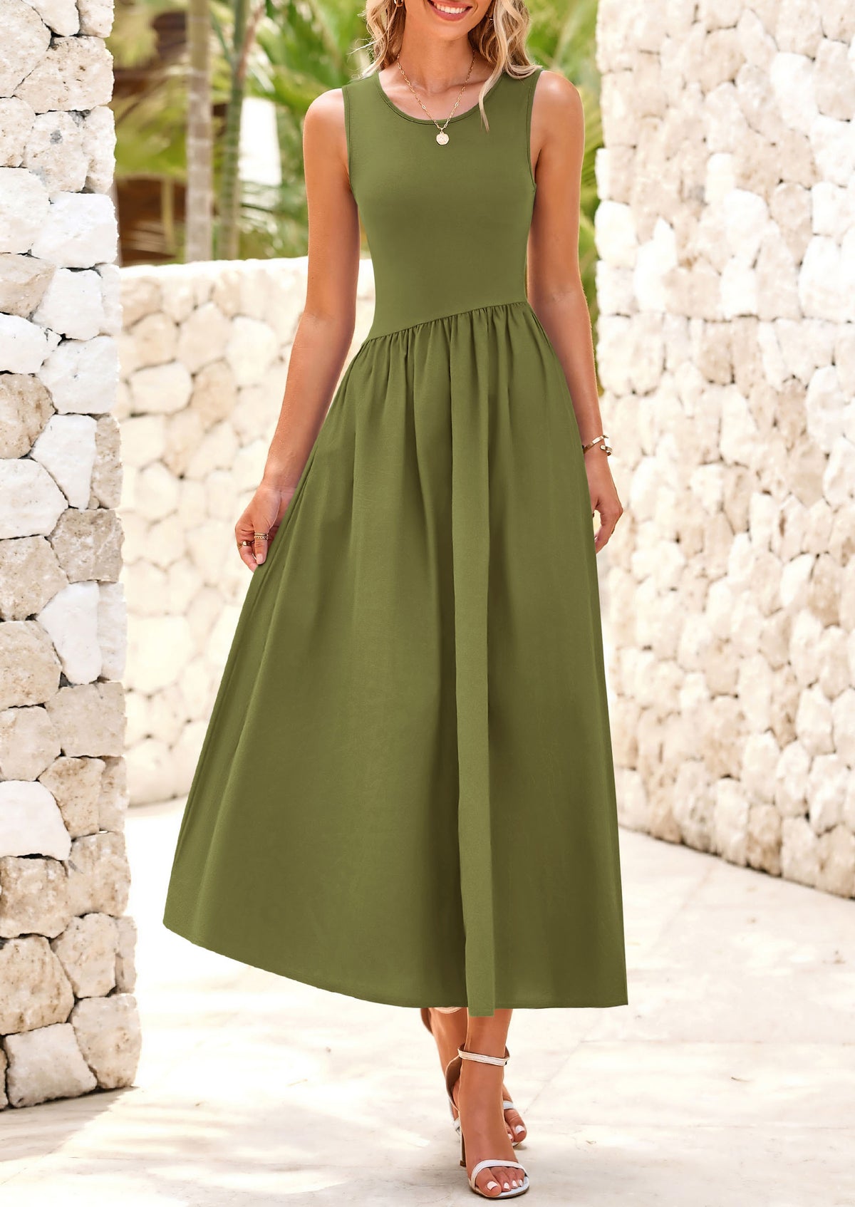 Casual Sleeveless Striped Ribbed Knit Long Dresses Beach Vacation Sundress