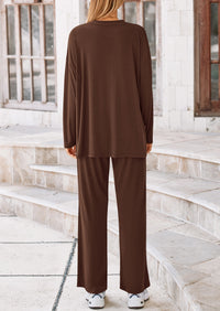 Long Sleeve High Low Tops T-Shirts Wide Leg Pants Two Piece Sets