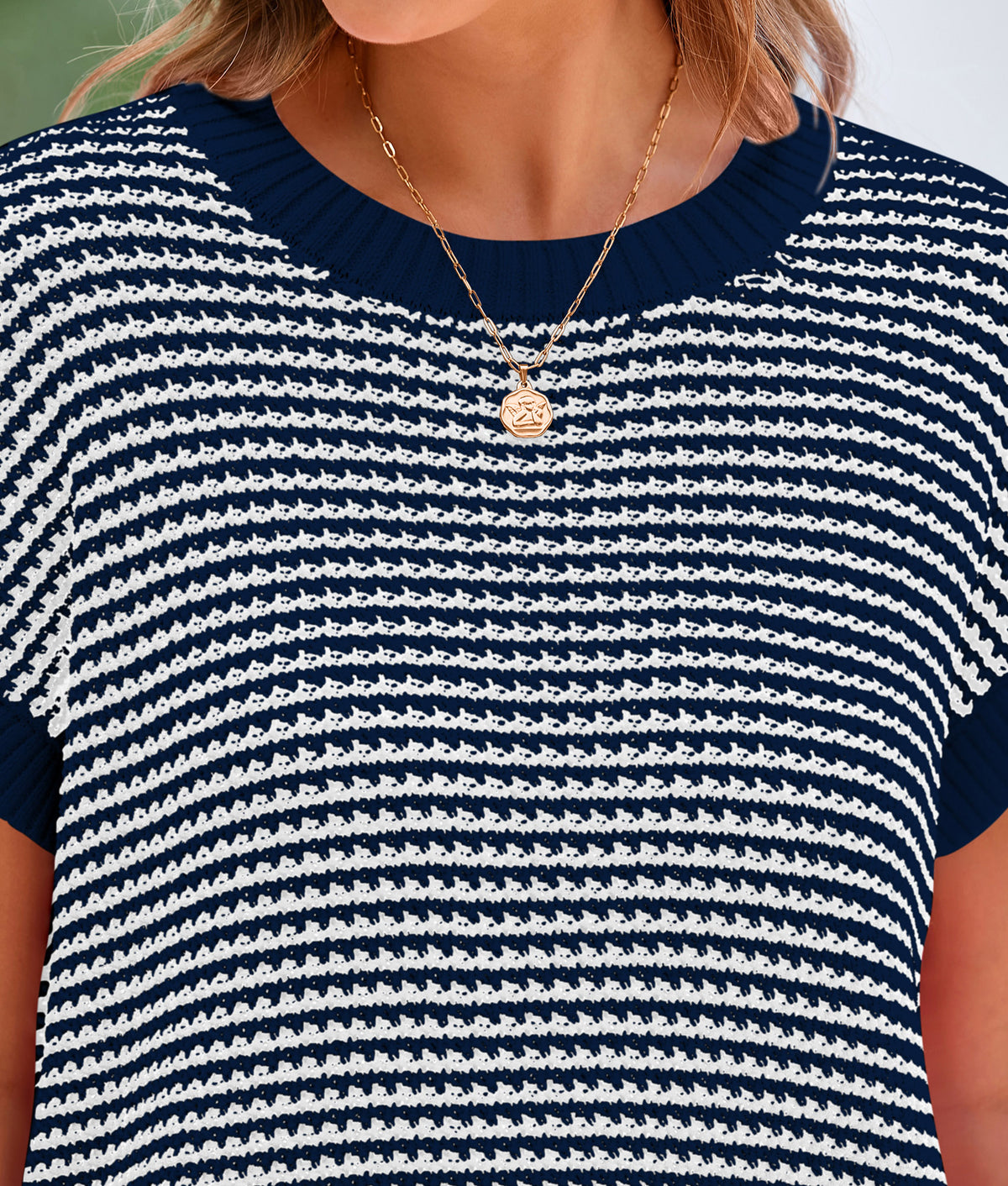 Short Sleeve Round Neck Striped Pullover Cap Sleeve Knit T-shirt