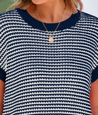 Short Sleeve Round Neck Striped Pullover Cap Sleeve Knit T-shirt