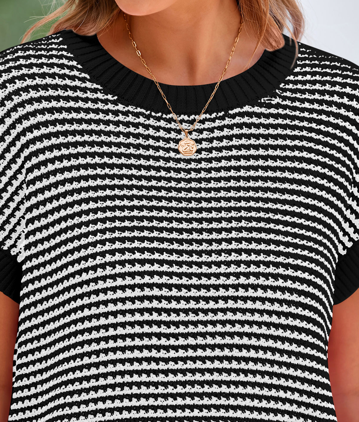 Short Sleeve Round Neck Striped Pullover Cap Sleeve Knit T-shirt