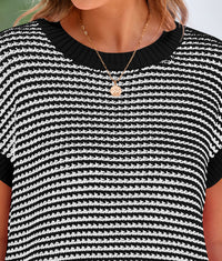 Short Sleeve Round Neck Striped Pullover Cap Sleeve Knit T-shirt