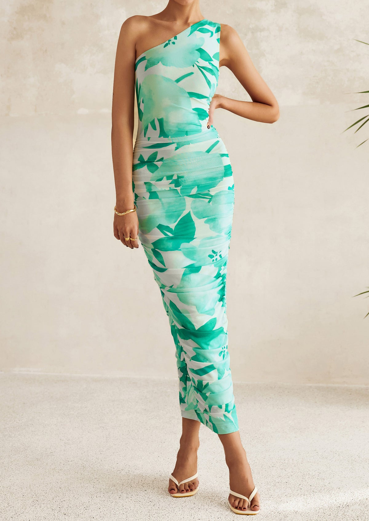 One Shoulder Bodycon Printed Ruched Mesh Party Cocktail Fitted Long Dress