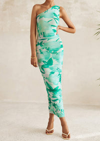 One Shoulder Bodycon Printed Ruched Mesh Party Cocktail Fitted Long Dress