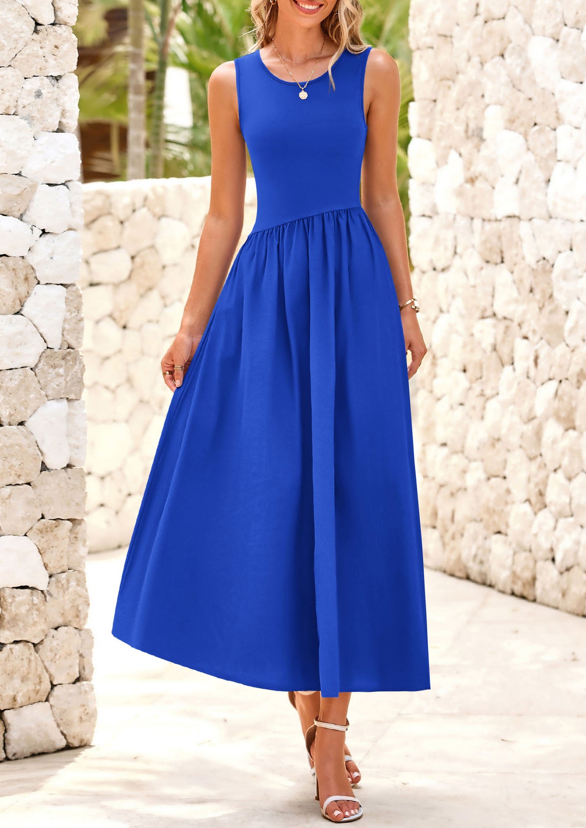 Casual Sleeveless Striped Ribbed Knit Long Dresses Beach Vacation Sundress