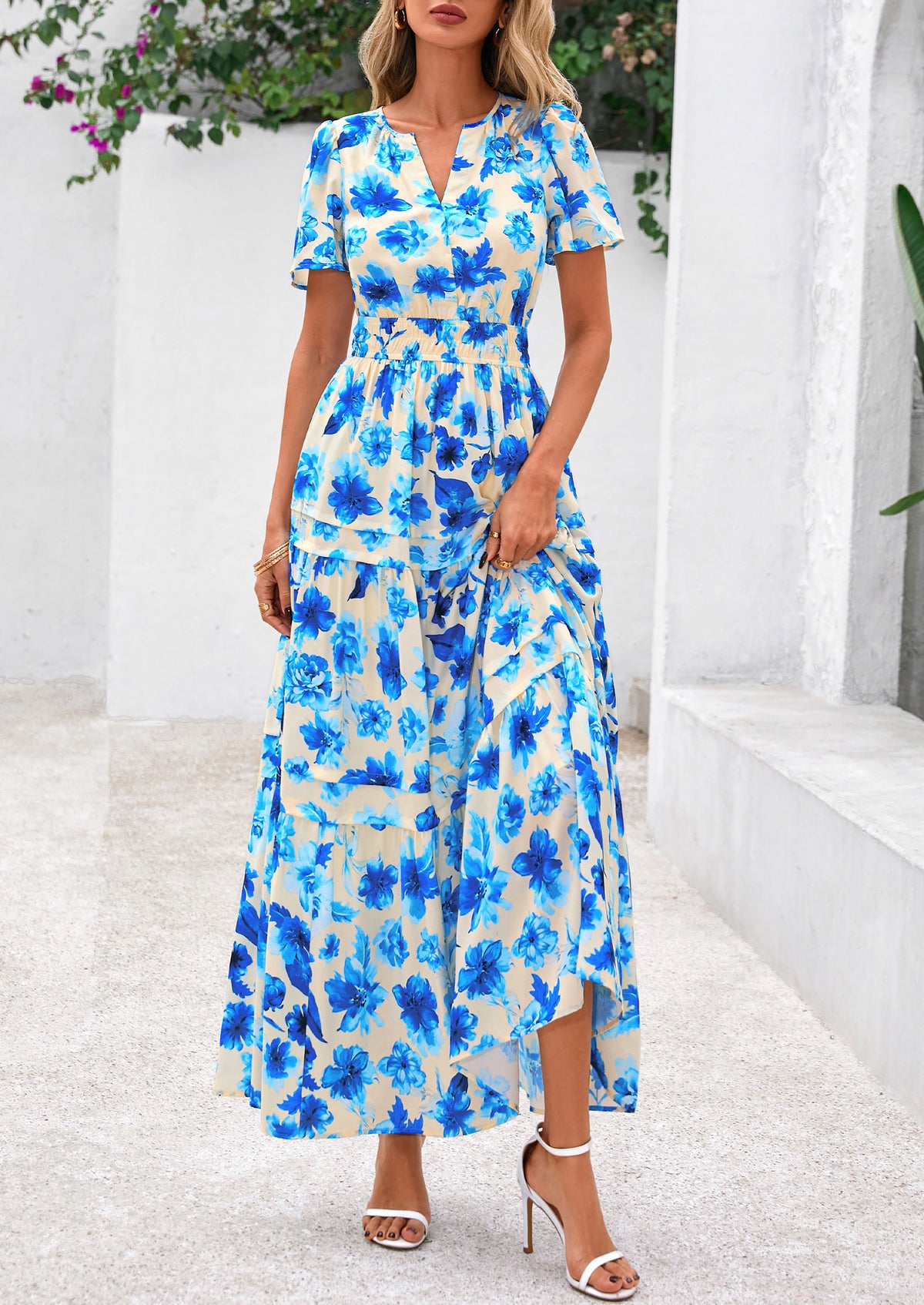 Boho Floral Short Sleeve V Neck A Line Tiered Ruffle Flowy Long Beach Vacation Maxi Dresses