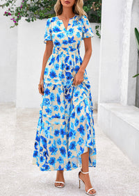 Boho Floral Short Sleeve V Neck A Line Tiered Ruffle Flowy Long Beach Vacation Maxi Dresses
