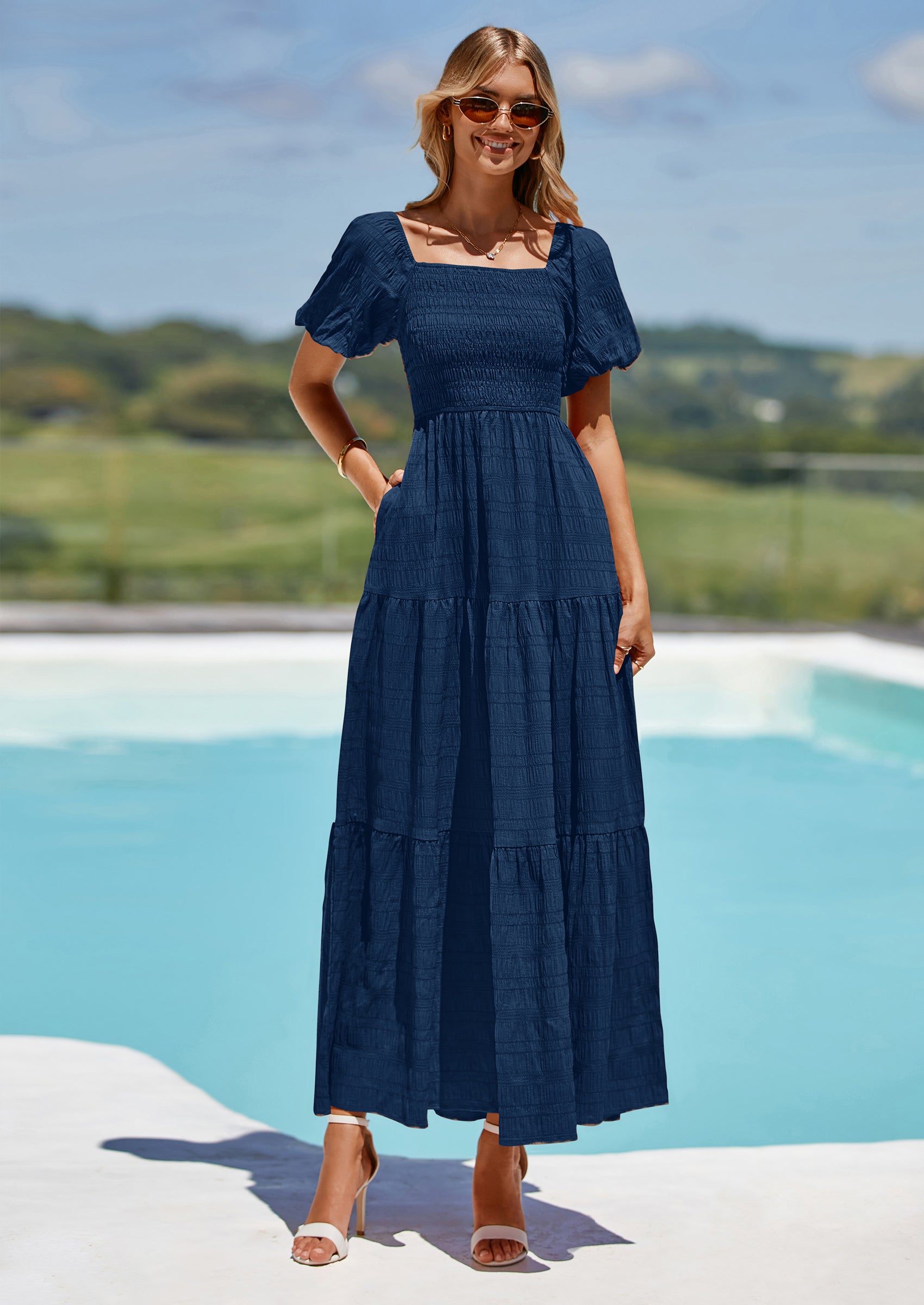 PRETTYGARDEN Womens Summer Puff Short Sleeve Maxi Dress Square Neck Sm