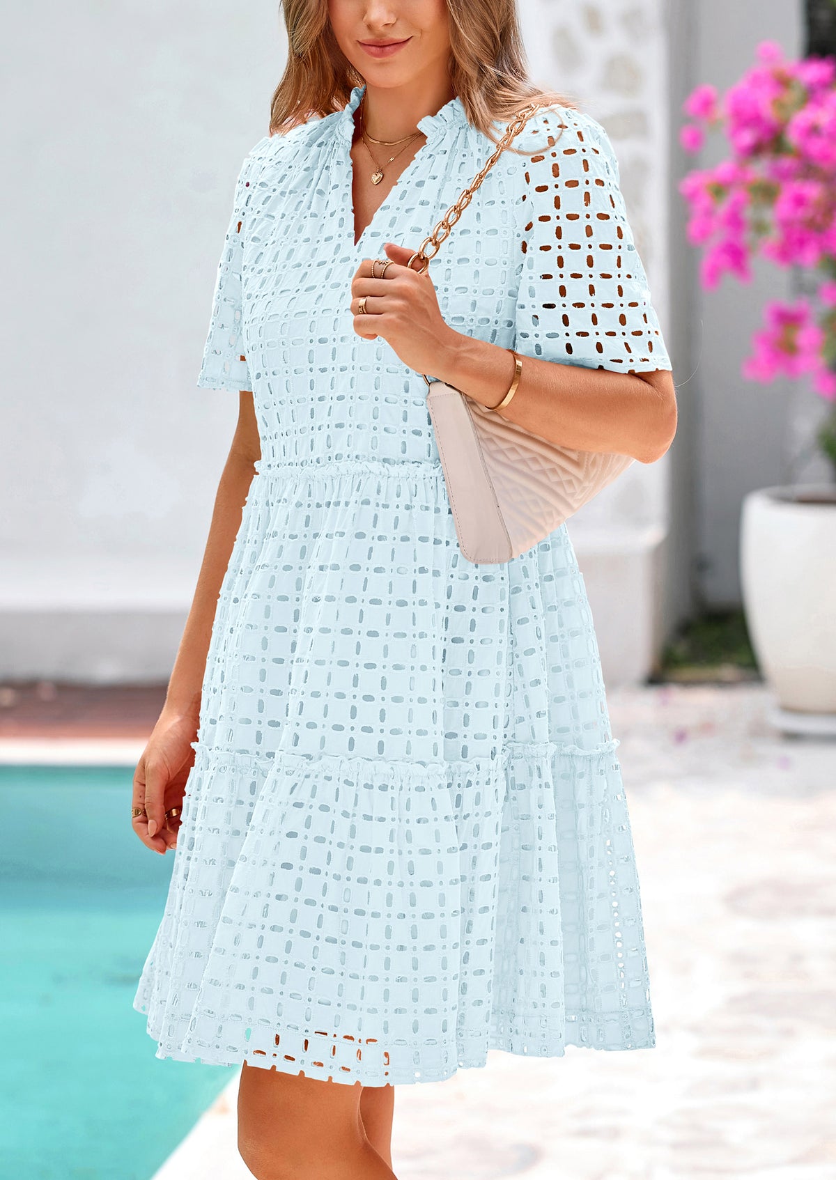 Short Sleeve V Neck Hollow Out Eyelet Ruffle A Line Swing Mini Dress