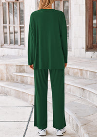 Long Sleeve High Low Tops T-Shirts Wide Leg Pants Two Piece Sets