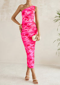One Shoulder Bodycon Printed Ruched Mesh Party Cocktail Fitted Long Dress
