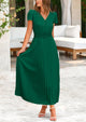 Casual Button V Neck Ruffle Cap Sleeve Long Flowy Pleated Maxi Dresses