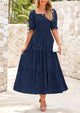 Casual Square Neck Short Sleeve Smocked A Line Floral Flowy Elegant Boho Midi Dresses