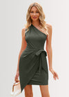 PRETTYGARDEN Women's Summer One Shoulder Mini Short Dresses Irregular Hem Belted Fitted Spring Cocktail Party Dress