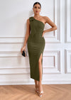 PRETTYGARDEN Summer One Shoulder Long Formal Women's Dress Sleeveless Ruched Bodycon Wedding Guest Slit Maxi Dresses