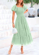 Smocked Tulle Puffy Short Sleeve Square Neck Ruffle Midi Dresses