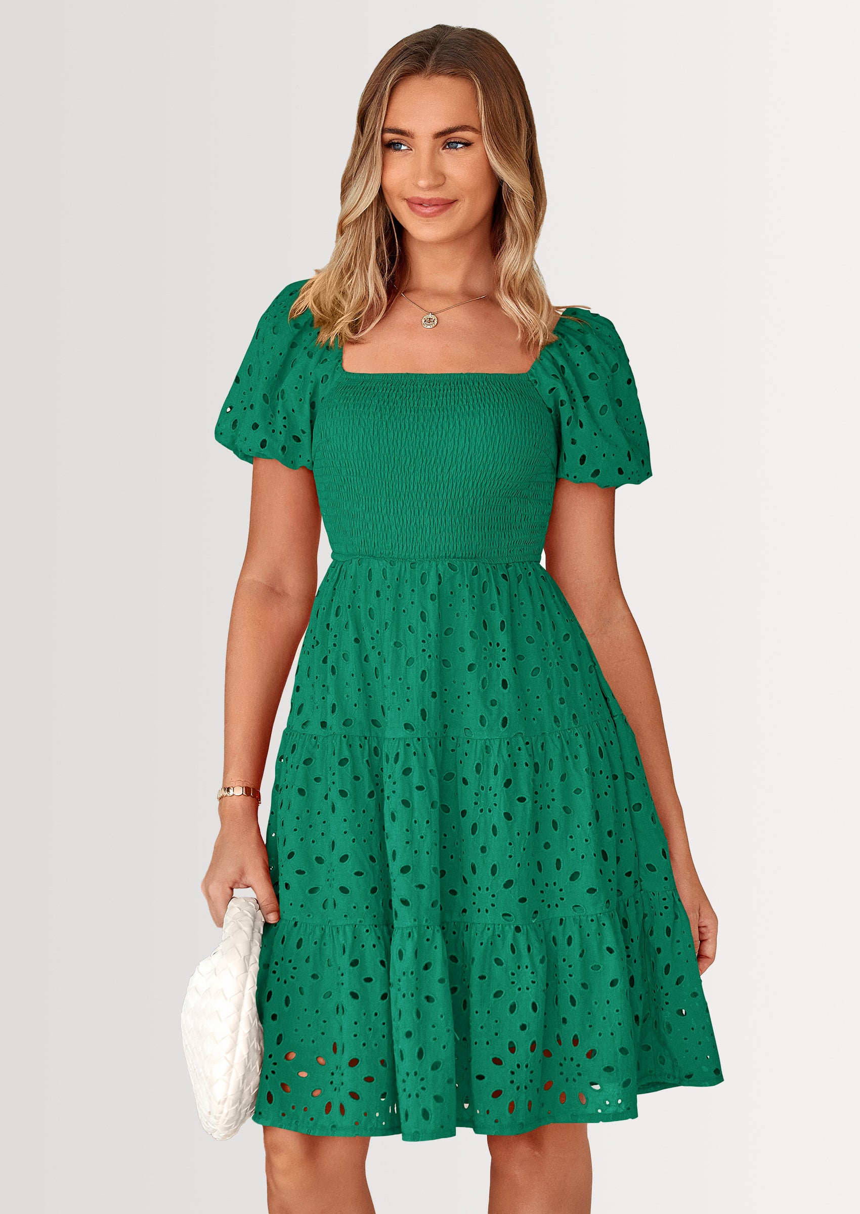PRETTYGARDEN Womens Summer Puff Sleeve Mini Dress Off Shoulder Eyelet Smocked A Line Casual Babydoll Short Dresses