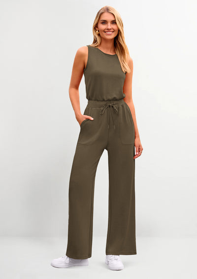 PRETTYGARDEN Womens Jumpsuits Summer Casual One Piece Outfits Sleeveless Wide Leg Long Pants Rompers