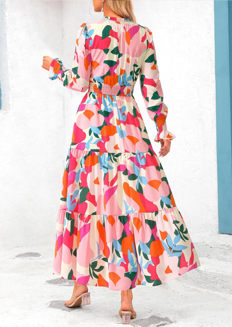 PRETTYGARDEN Women's Floral Maxi Dress Spring Long Sleeve V Neck Casual A Line Long Flowy Boho Party Dresses