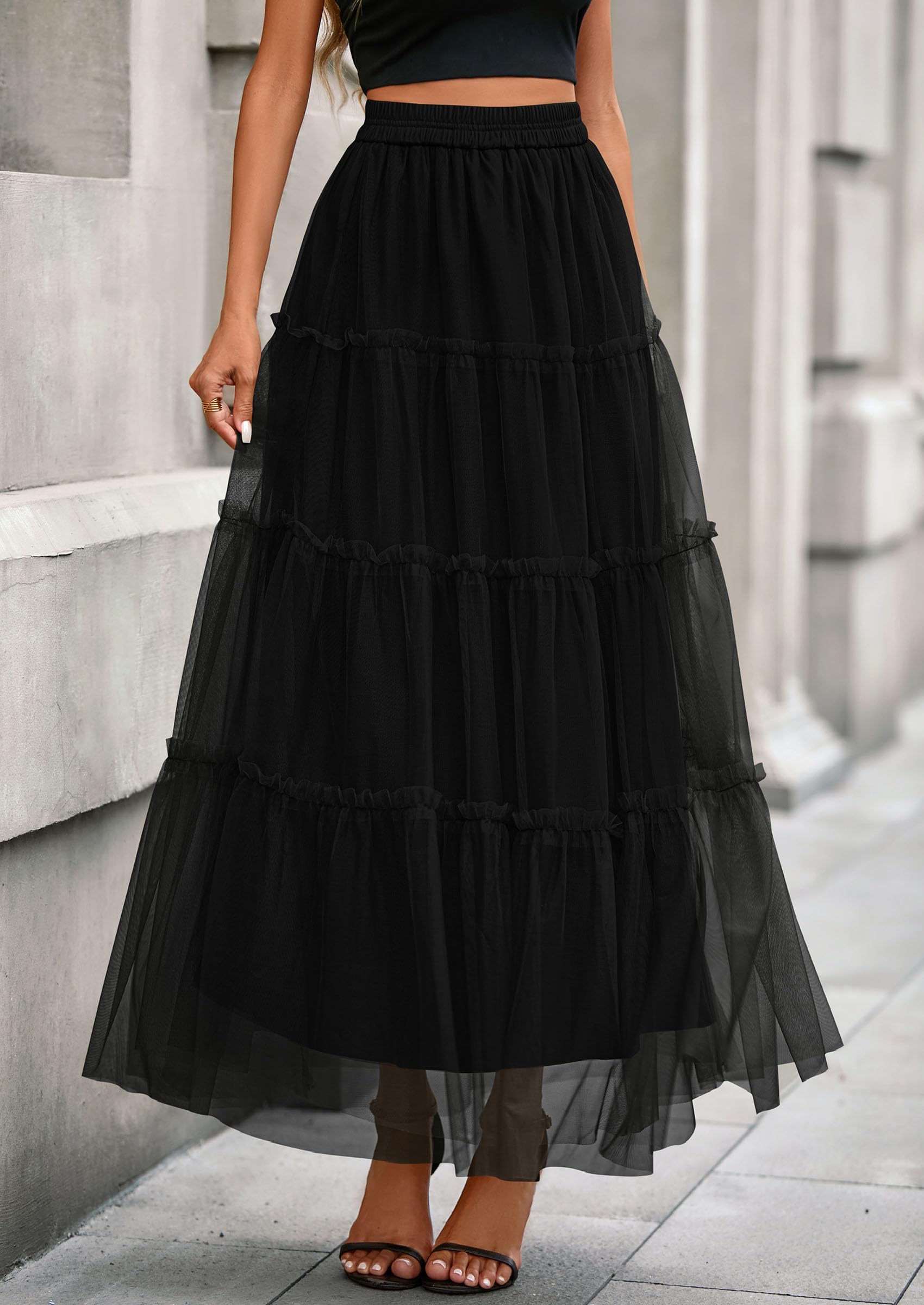 PRETTYGARDEN Maxi Skirts for Women Fall Tulle High Waisted Ruffle Flowy A-Line Long Skirt Country Concert Outfits