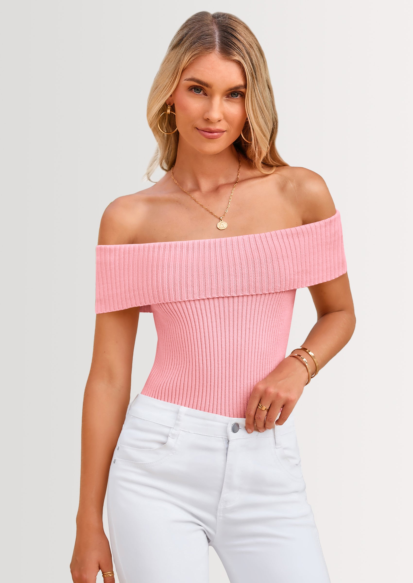 PRETTYGARDEN Women's Summer Off Shoulder Sweater Tops Ribbed Knit Short Sleeve Trendy Going Out Date Night Blouse