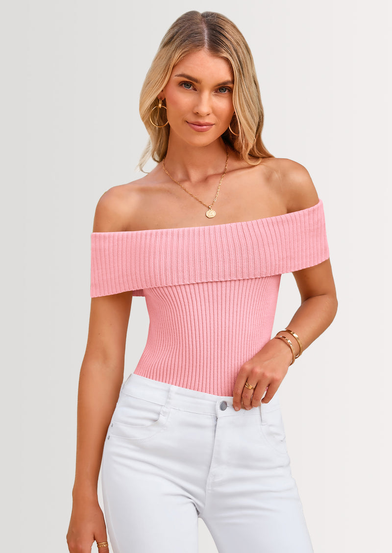 PRETTYGARDEN Women's Summer Off Shoulder Sweater Tops Ribbed Knit Short Sleeve Trendy Going Out Date Night Blouse