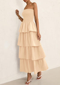 Off Shoulder Smocked Tiered Ruffle Long Flowy Casual Beach Maxi Dress