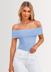 PRETTYGARDEN Women's Summer Off Shoulder Sweater Tops Ribbed Knit Short Sleeve Trendy Going Out Date Night Blouse