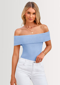 PRETTYGARDEN Women's Summer Off Shoulder Sweater Tops Ribbed Knit Short Sleeve Trendy Going Out Date Night Blouse