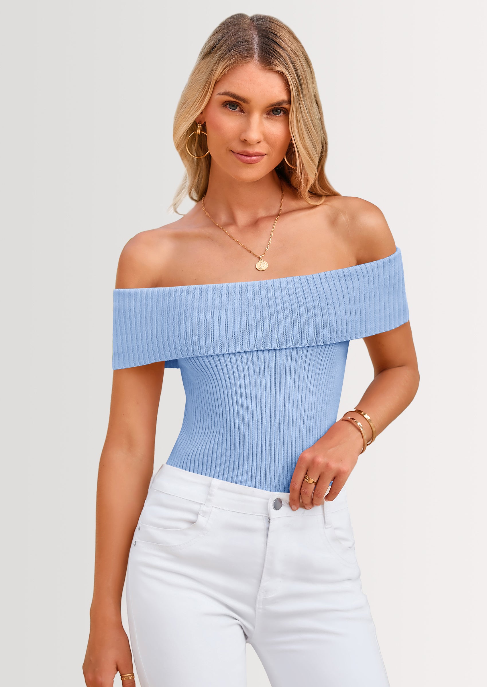 PRETTYGARDEN Women's Summer Off Shoulder Sweater Tops Ribbed Knit Short Sleeve Trendy Going Out Date Night Blouse