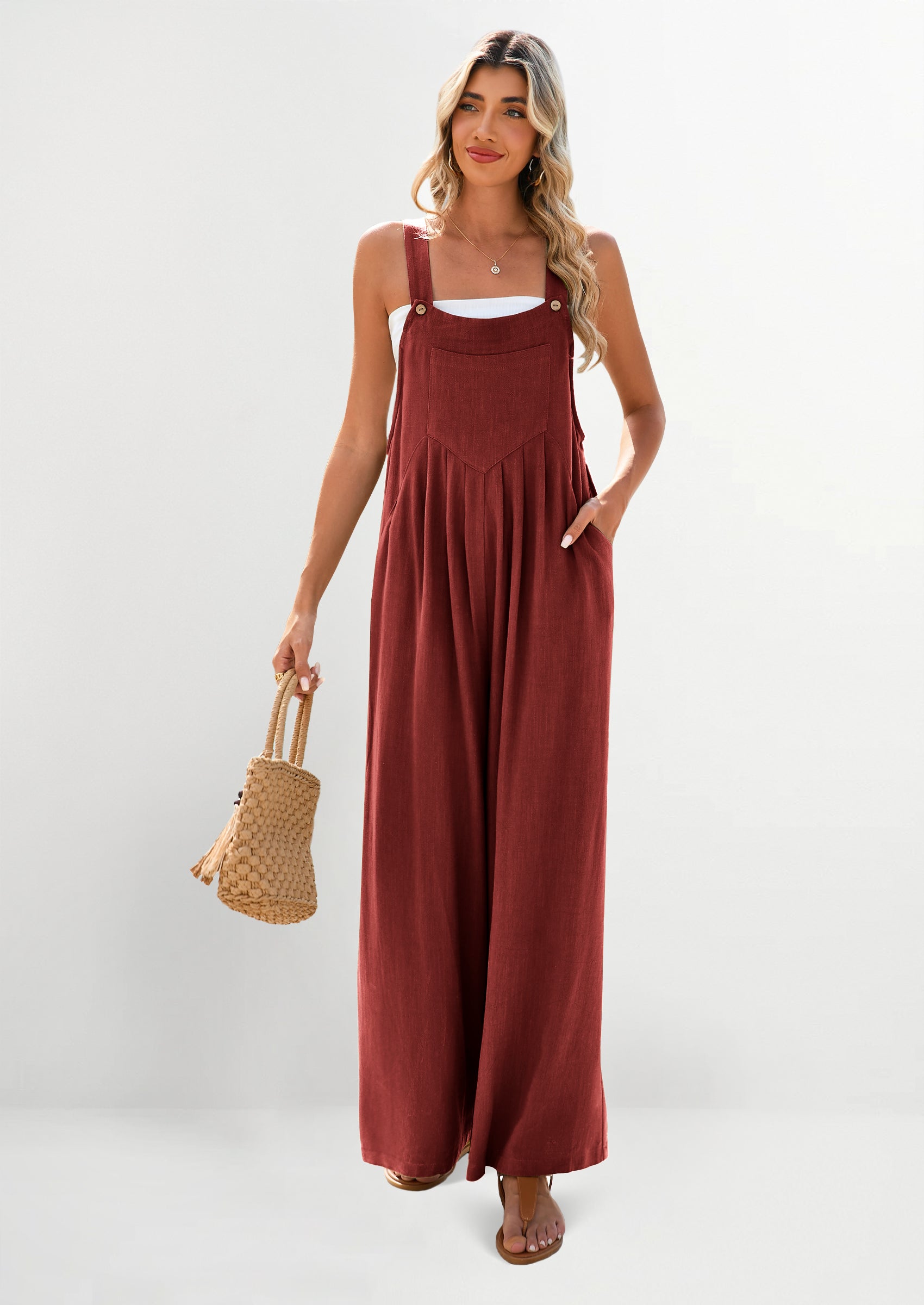 PRETTYGARDEN Women's Bib Overalls Casual Summer Sleeveless Strap Loose Wide Leg Jumpsuits with Pockets