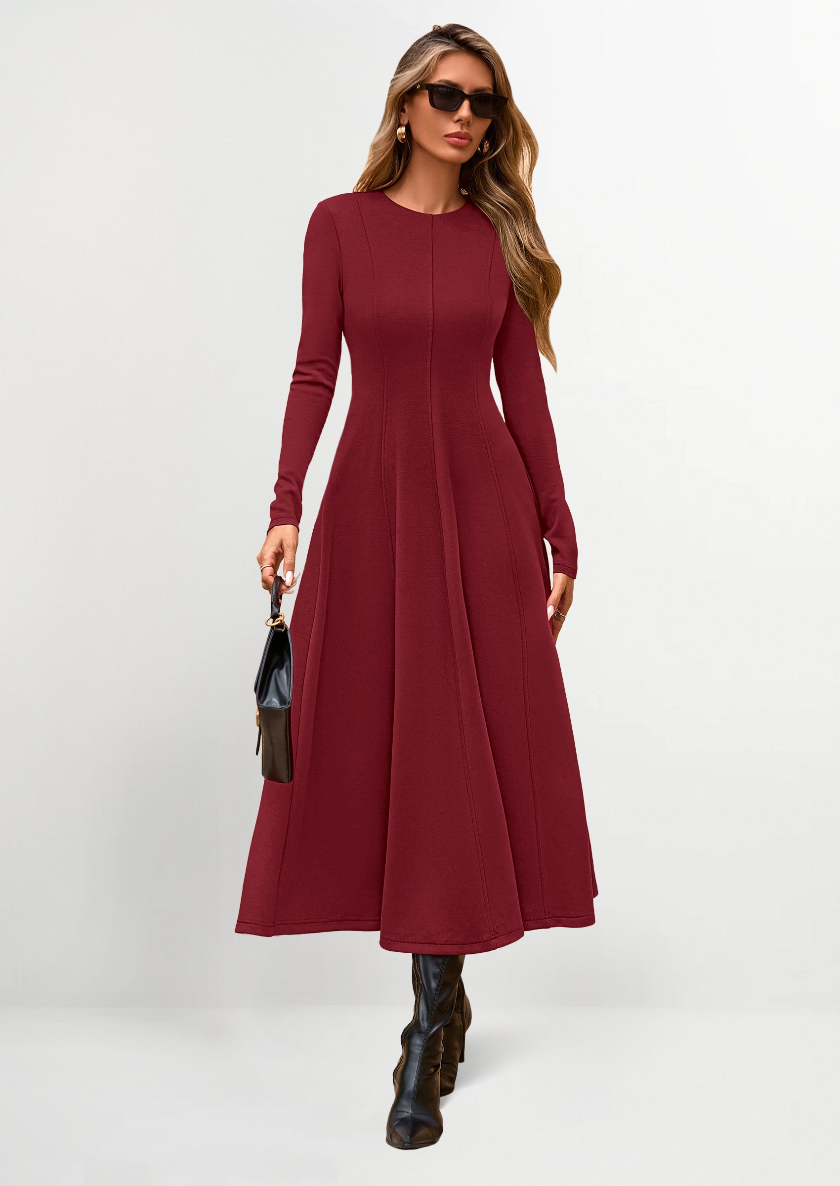 Prettygarden Women's Fall Long Sleeve Midi Dress Casual Elegant Ruffle Flowy A Line Swing Cocktail Party Dresses - Burgundy / XL PRETTYGARDEN Women's Fall Long Sleeve Midi Dress Casual Elegant Ruffle