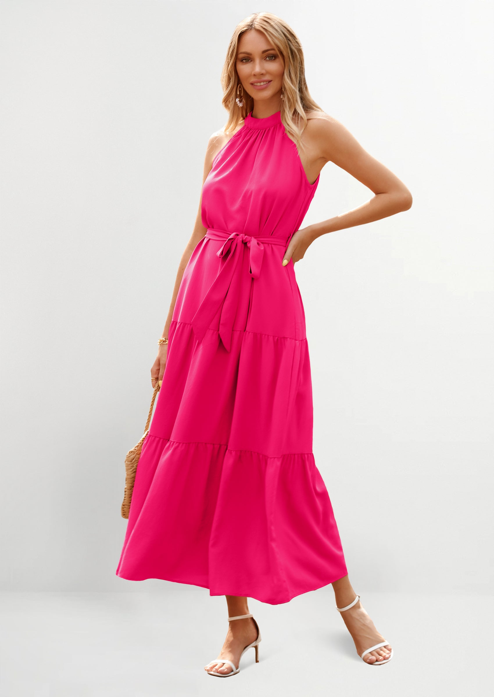 PRETTYGARDEN Women's Summer Floral Maxi Sun Dress Sleeveless Halter Neck Flowy Ruffle Hem Long Boho Dresses with Belt