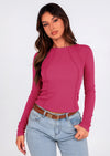 KIRUNDO Ribbed Long Sleeve Tops for Women Stretch Slim Basic Crop Tee Exposed Seams Spring Fall Fashion Trendy Tshirt