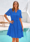 PRETTYGARDEN Women's Short Sleeve Mini Dress Summer V Neck Hollow Out Eyelet Ruffle A Line Swing Short Dresses