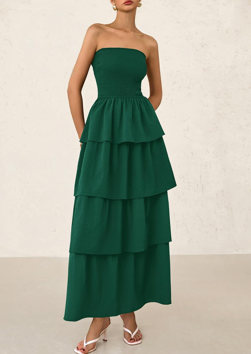 Off Shoulder Smocked Tiered Ruffle Long Flowy Casual Beach Maxi Dress