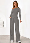 PRETTYGARDEN Casual Two Piece Sets for Women Fall Outfits Asymmetrical Off Shoulder Tops Wide Leg Pants Knit Lounge Set