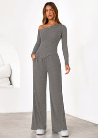PRETTYGARDEN Casual Two Piece Sets for Women Fall Outfits Asymmetrical Off Shoulder Tops Wide Leg Pants Knit Lounge Set