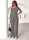 PRETTYGARDEN Casual Two Piece Sets for Women Fall Outfits Asymmetrical Off Shoulder Tops Wide Leg Pants Knit Lounge Set