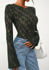 PRETTYGARDEN Womens Lace Long Bell Sleeve Tops Fall Sexy See Through Sheer Floral Blouse Shirt Fitted Going Out Outfits
