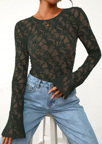 PRETTYGARDEN Womens Lace Long Bell Sleeve Tops Fall Sexy See Through Sheer Floral Blouse Shirt Fitted Going Out Outfits