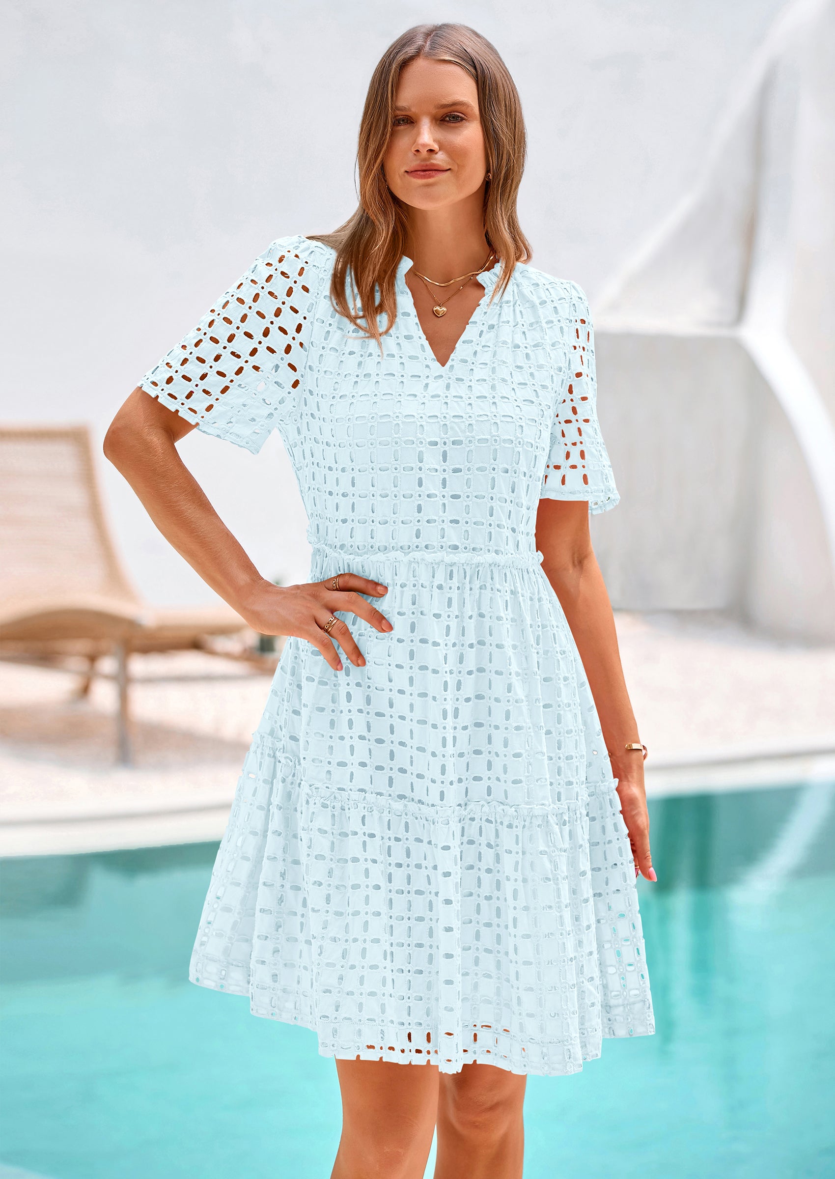 PRETTYGARDEN Women's Short Sleeve Mini Dress Summer V Neck Hollow Out