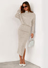 PRETTYGARDEN Turtle Neck Dresses for Women Fall Knit Outfits Slit Elastic Waist Long Sleeve Bodycon Midi Sweater Dress