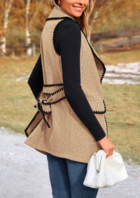 Tweed Sleeveless Lapel Button Front Belt Color Block Vest Jackets