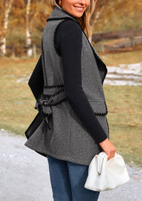 Tweed Sleeveless Lapel Button Front Belt Color Block Vest Jackets